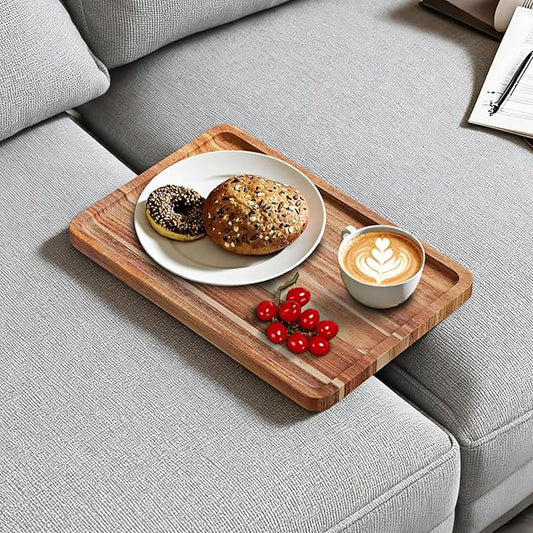 Acacia Wood Couch Tray, Folding sofa Table Insert for Middle Portable Couch Armrest Trays Perfect for Drinks, Snacks, Phone, Remote Control,14.96x10.23-inch (Rectangle)