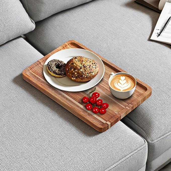 Acacia Wood Couch Tray, Folding sofa Table Insert for Middle Portable Couch Armrest Trays Perfect for Drinks, Snacks, Phone, Remote Control,14.96x10.23-inch (Rectangle)