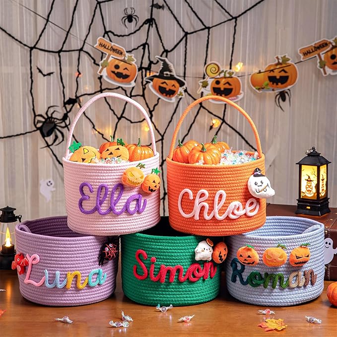 JUPPE Personalized Halloween Trick or Treat Basket, Custom Cotton Rope Candy Storage, Multi-Color, Medium 10x8 inches (Style 9)