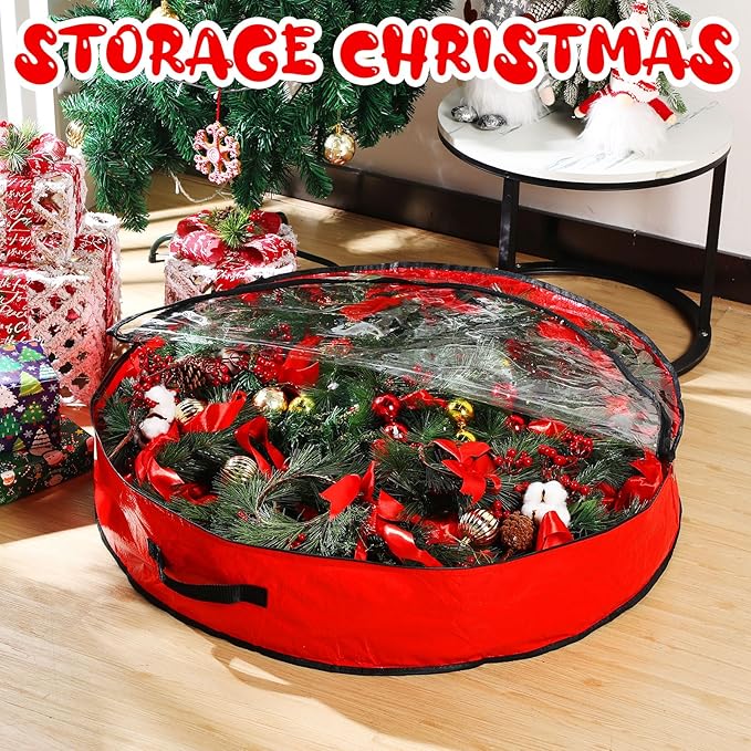 Aliceset 4 Pack Wreath Storage Containers, Ornament Garland Wreath Storage Bags with Handle Zipper Decorative Storages Box for Winter Valentine Wreaths(36 x 36 x 7.8 Inch,Red)