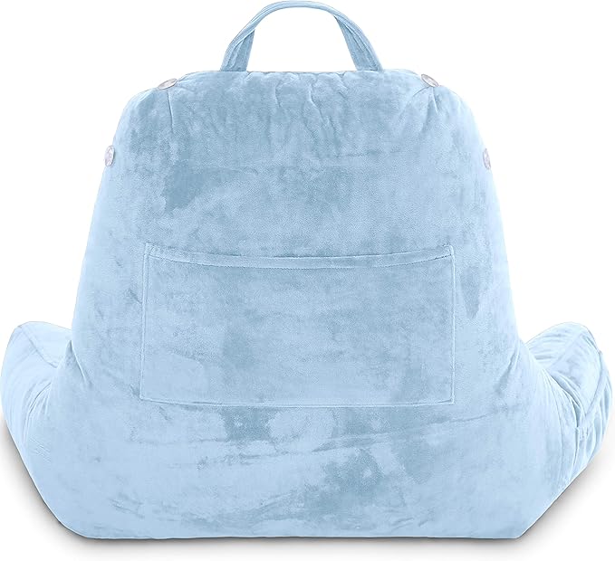 Husband Pillow Medium Reading Pillow with Arms - 23" Backrest for Sitting Up in Bed - Firm Support Bed Rest Pillow for Adults, Neck Roll, Removable Cover - TV, Reading, Lounging - Sky Blue