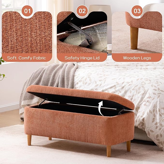39.4”Ottoman with Storage Set of 2,Upholstered Comfy Storage Bench Ottoman with Wooden Legs,End of Bed Bench Footstool for Hallway Entryway Bedroom Living Room Corner Orange