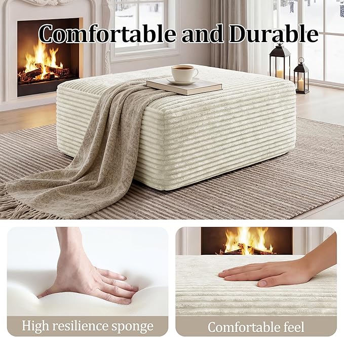 Corduroy Ottoman, Modern Boneless Cloud Foot Rest Foam Support, Oversized Modular Sectional Sofa Stool for Living Room, Bedroom & Small Spaces, No Assembly Required(Beige, Ottoman) | Foam Support, Living Room Bedroom, No Assembly Required