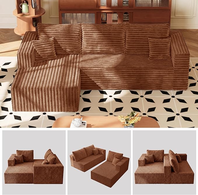 Modular Sectional Sofa, Boneless Compressed Sofa in a Box, L-Shaped Cloud Couch with Deep Seats & Chaise for Living Room, No Assembly Required (Orange, 92.5" L-Shape with Left Facing Chiase) | Boneless Compressed, Sofa in a Box, Cloud Couch, Deep Seats...