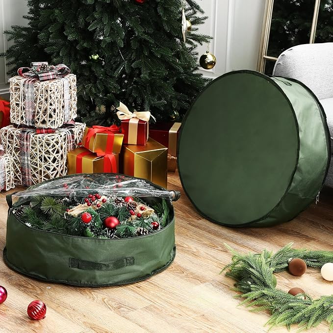 4 Pack Wreath Storage Container, 36 Inch Christmas Wreath Storage Box with Clear Window and Handles Upgrade Oxford Cloth Garland Bags with Dual Zipper for Xmas Wrapping, Green