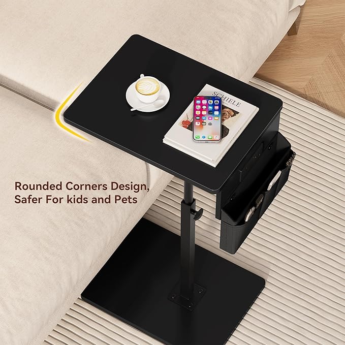 Vagusicc Sofa Armrest Tray Table for Couch - 360° Swivel Height Adjustable Side Table for Small Spaces, Snack Side Table for Bed or Chair, C Shaped End Table Snack Table for Eating Dinner Laptop