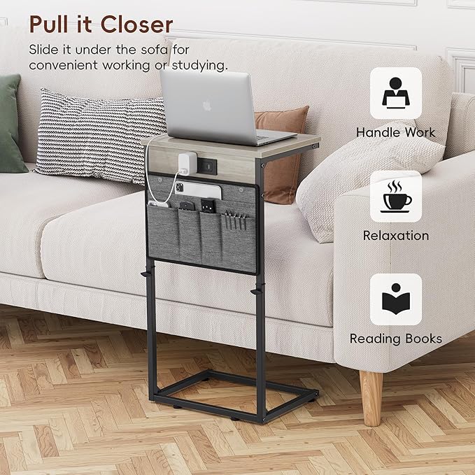 Vagusicc C Shaped End Table with Charging Station, 33"Tall C Table End Table Adjustable Height Side Table for Couch, Sofa Table Slide Under Couch Table TV Tray Arm Table for Living Room, Bedroom, Grey