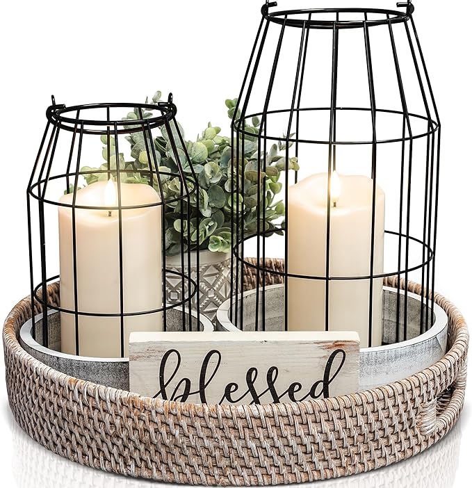 Rustic Farmhouse Lantern Decor Set of 2 - Stylish Decorative Lanterns for Your Living Room, Fireplace Mantle or Kitchen Dining Table - Modern Indoor/Outdoor Coffee Table Decor for Your Entire Home