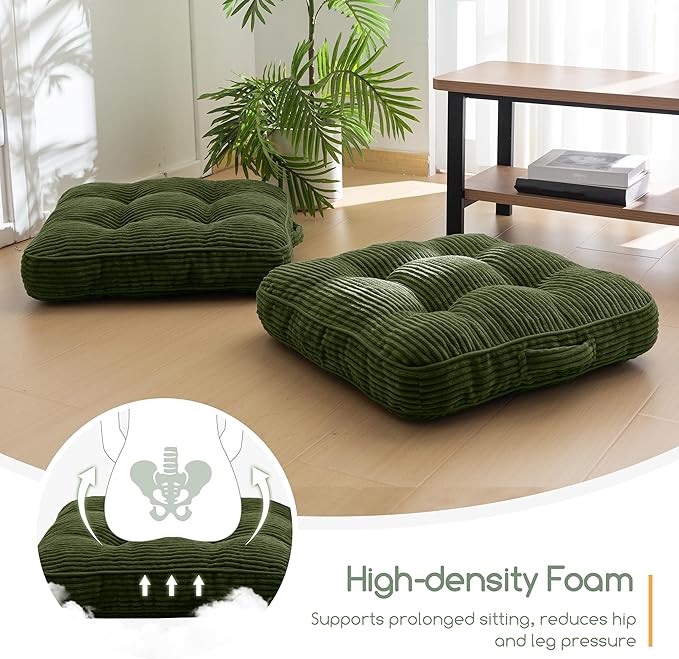 HIGOGOGO Floor Pillow Cushion for Adults, Meditation Cushion Pillow, Large Square Floor Sitting, Tufted Corduroy Cover, for Tatami Living Room or Yoga, 22x22 Inch, Dark Green