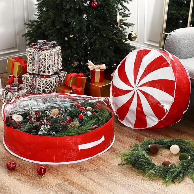 4 Pcs 30 Inch Christmas Wreath Storage Bag Candy Cane Wreath Storage Container Clear Window Dual Zipper Handle Red White Peppermint Garland Organizer for Holiday Decoration, Cute Lollipop