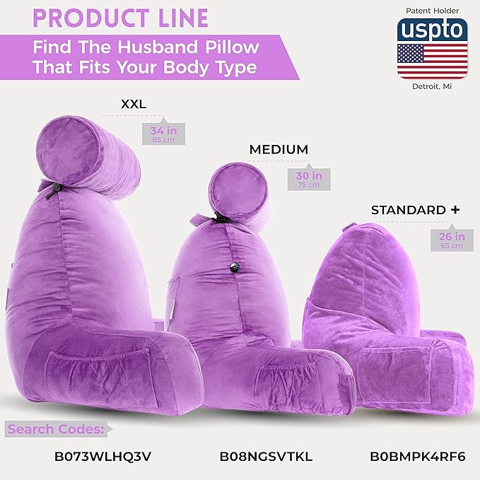 Husband Pillow XXL The Original for Adults - 30" Tall Backrest for Sitting Up in Bed - Firm Support Reading, Bed Rest Pillow for Adults, Neck Roll, Removable Cover - TV - Light Purple