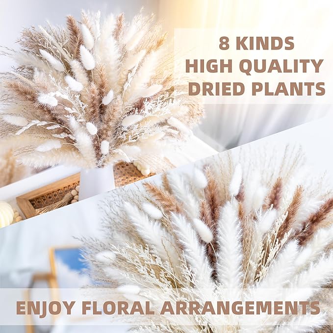96PCS Natural Dried Pampas Grass Boho Home Decor Bouquet Phragmites Dried Flowers Bouquet for Wedding Floral Arrangements Living Room Decorations (96PCS)