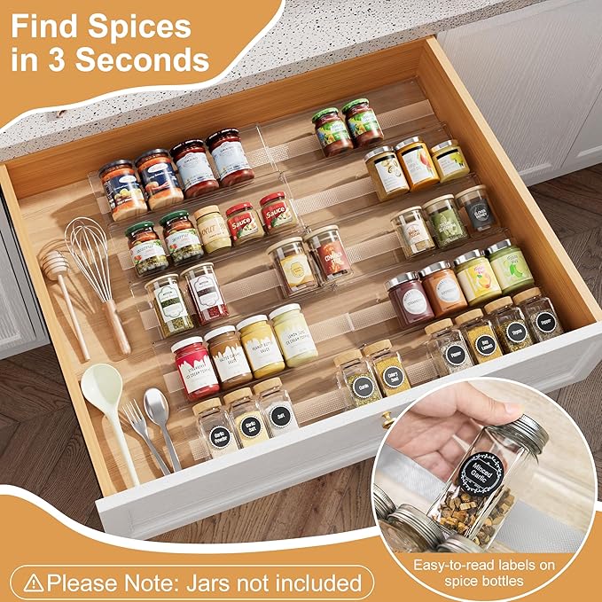 10-Pack Adjustable Spice Drawer Organizer, Expandable Seasoning Rack Tray (13" to 26"), Acrylic Spice Drawers Insert with Anti-Slip Mat, for Kitchen Cabinet (Jars not included)