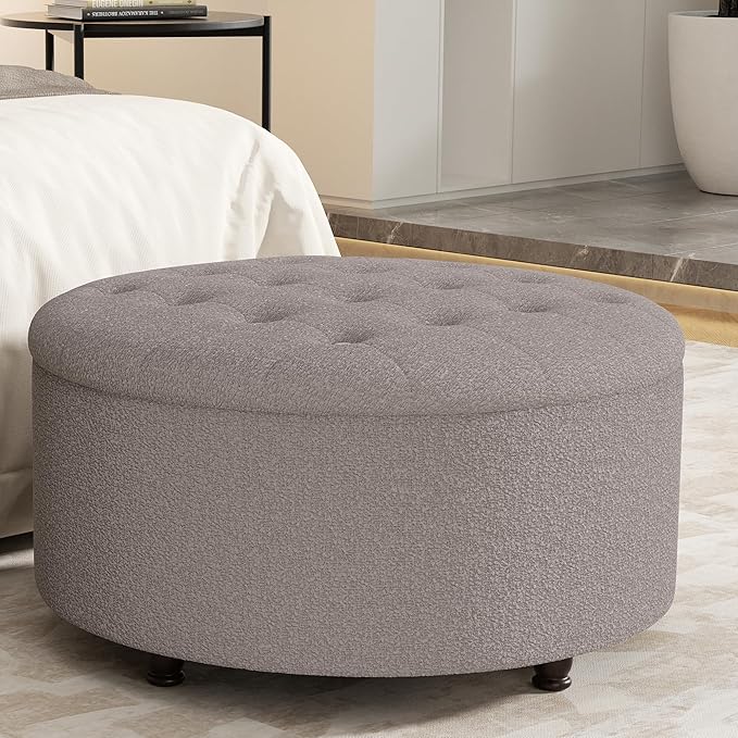 30 Inch Round Storage Ottoman,Modern Tufted Ottomans,Circular Coffee Table with Removable Top,Upholstered Large Ottoman with Storage Footrest Stool for Bedroom Living Room (Teddy Brown)