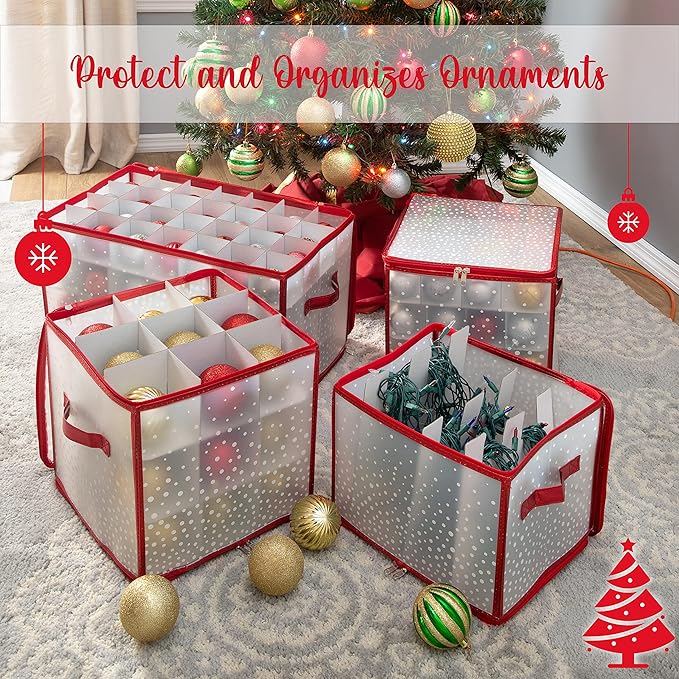 Simplify 64 Count Ornament Storage Box | Plastic | Decorative Organizer | Storage Bin | Red | L12 x W12 x H12
