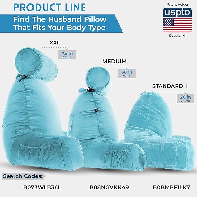 Husband Pillow Medium Reading Pillow with Arms - 23" Backrest for Sitting Up in Bed - Firm Support Bed Rest Pillow for Adults, Neck Roll, Removable Cover - TV, Reading, Lounging - Carolina Blue