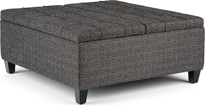 SIMPLIHOME Harrison Coffee Table Storage Ottoman - 36 inch Wide Upholstered Tweed Look Fabric Square Lift-Top Ottoman in Ebony, Transitional Ottoman for Living Room with Hidden Storage