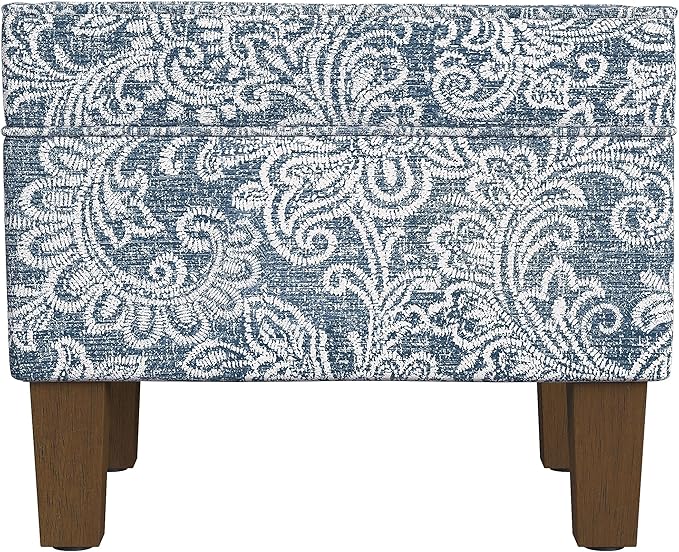 Homepop Home Decor |K7646-A879| Upholstered Modern Rectangular Storage Ottoman | Hinged Lid Ottoman with Storage for Living Room & Bedroom, Blue Denim Jacobean Print