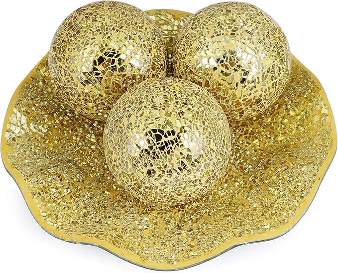 MDLUU Centerpiece Bowl and Balls Set, Mosaic Tray with 3 Pieces Spheres, 12" Decorative Plate with 4" Mosaic Orbs for Home Decor, Gift (Gold)