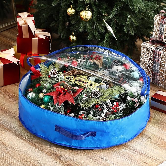 Aliceset 4 Pack Wreath Storage Containers, Ornament Garland Wreath Storage Bags with Handle Zipper Decorative Storages Box for Winter Valentine Wreaths(24 x 24 x 7.8 Inch,Blue)