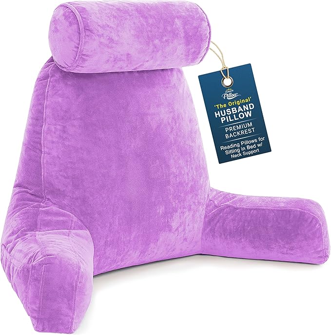 Husband Pillow XXL The Original for Adults - 30" Tall Backrest for Sitting Up in Bed - Firm Support Reading, Bed Rest Pillow for Adults, Neck Roll, Removable Cover - TV - Light Purple