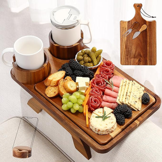 4-in-1 Acacia Couch Arm Table with Removable Cheese Board, Stability-Enhanced Sofa Armrest Tray with 360° Rotating Dual Cup Holders & Phone Stand, Side Table for Drinks & Snacks, 15.7"x9.8"