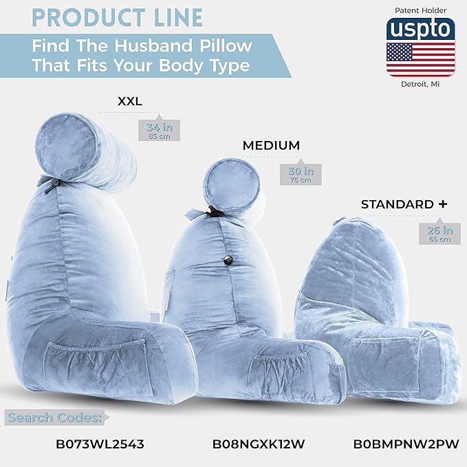 Husband Pillow Medium Reading Pillow with Arms - 23" Backrest for Sitting Up in Bed - Firm Support Bed Rest Pillow for Adults, Neck Roll, Removable Cover - TV, Reading, Lounging - Sky Blue