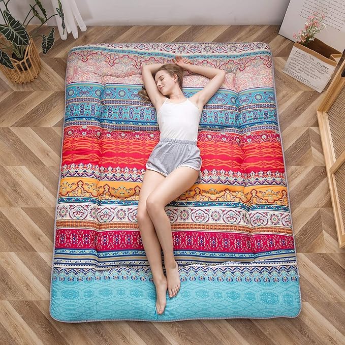 MAXYOYO Bohemian Retro Vintage Floral Japanese Futon Mattress Roll Up Tatami Floor Foldable Mat Portable Camping Mattress Sleeping Pad Floor Lounger Couch, King