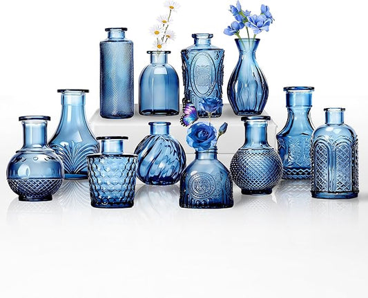 Mini Bud Vases Centerpieces for Tables,Clear Bud Vases for Flowers,Small Flower Vases Suitable for Birthday Party,Anniversary,Wedding Reception,Baby Shower (Blue, 12PCS)