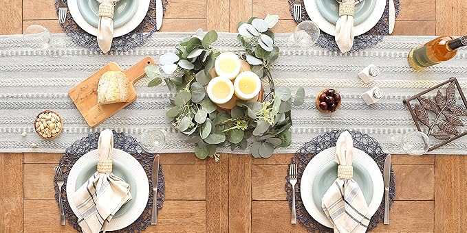 DII Farmhouse Braided Stripe Table Runner Collection, 15x108 (15x113, Fringe Included), Cool Gray
