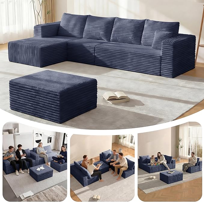 Modular Sectional Sofa, Boneless Compressed Sofa in a Box, U-Shaped Cloud Couch with Deep Seats & Chaise for Living Room, No Assembly Required (Blue, 118" U-Shape with Left Facing Chiase) | Boneless Compressed, Sofa in a Box, Cloud Couch, Deep Seats, N...
