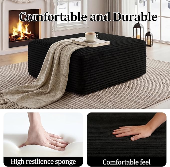 Corduroy Ottoman, Modern Boneless Cloud Foot Rest Foam Support, Oversized Modular Sectional Sofa Stool for Living Room, Bedroom & Small Spaces, No Assembly Required (Black, Ottoman) | Foam Support, Living Room Bedroom, Small Spaces, No Assembly Required