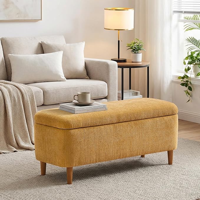 39.4”Ottoman with Storage,Upholstered Comfy Storage Bench Ottoman with Wooden Legs,End of Bed Bench Footstool for Hallway Entryway Bedroom Living Room Yellow