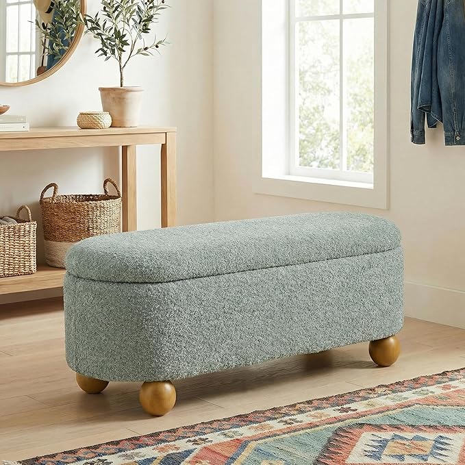 VKNOW 44.8" Storage Ottoman Bench End of Bed Bench, Thickened Upholstered Blanket Chest for Living Room, Entryway Bench with Cute Spherical Solid Wood Stool Legs for Bedroom, Light Green