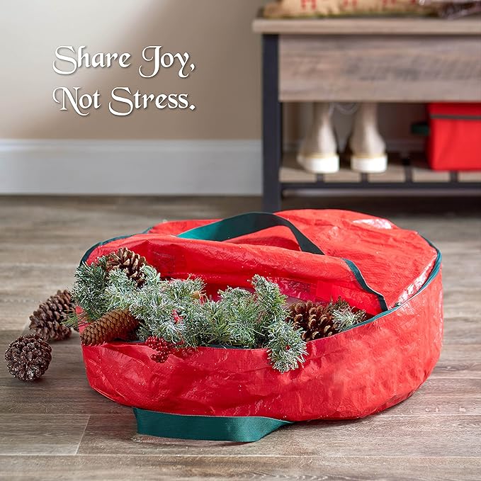 ZOBER Christmas Wreath Storage Container 36 Inch - Wreath Bag for Artificial Wreaths Box - Dual Zippered Wreaths Storage Bag with Strong Durable Handles - Red