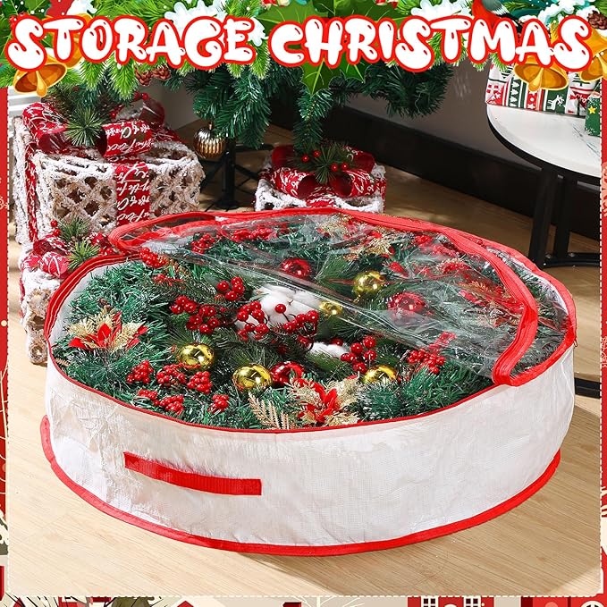 Aliceset 4 Pack Wreath Storage Containers, Ornament Garland Wreath Storage Bags with Handle Zipper Decorative Storages Box for Winter Valentine Wreaths(36 x 36 x 7.8 Inch,White)
