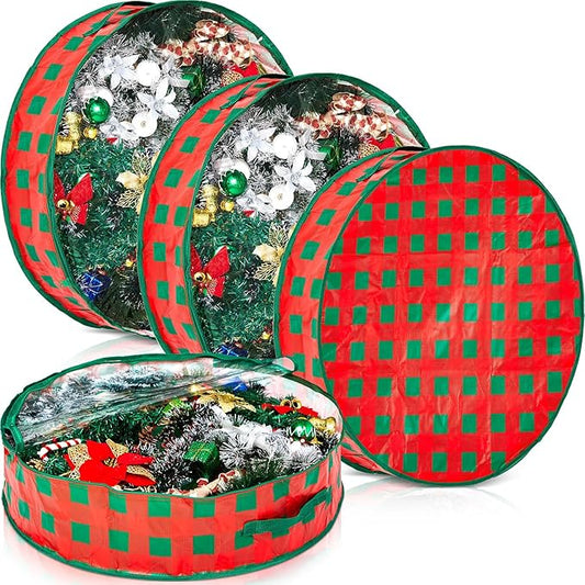 Aliceset 4 Pack Wreath Storage Containers, Ornament Garland Wreath Storage Bags with Handle Zipper Decorative Storages Box for Winter Valentine Wreaths(24 x 24 x 7.8 Inch,Red Green Plaid)