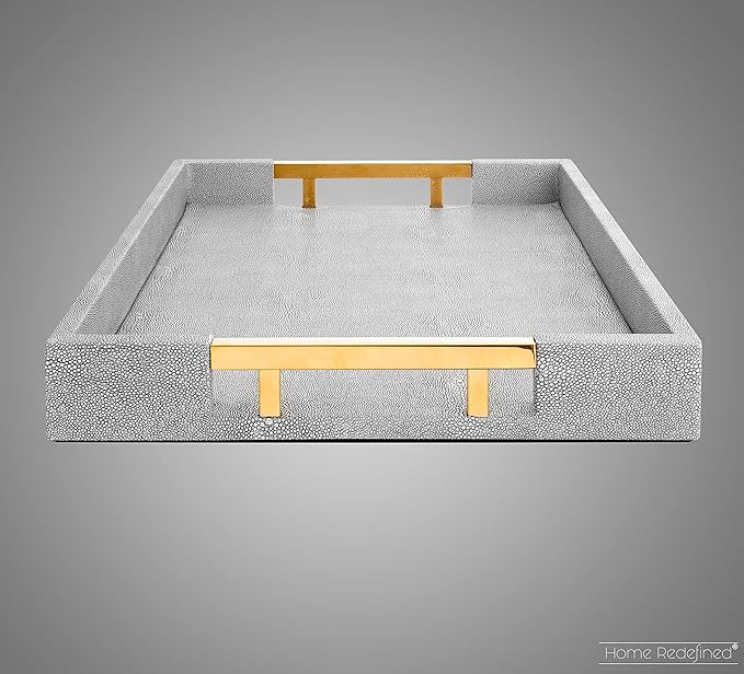 Home Redefined Modern Elegant 17.5"x12" Rectangle Glossy Grey Shagreen Faux Leather Decorative Tray Ottoman Coffee Table Perfume Kitchen Display Perfume Serving Tray with Gold Polished Metal Handles.