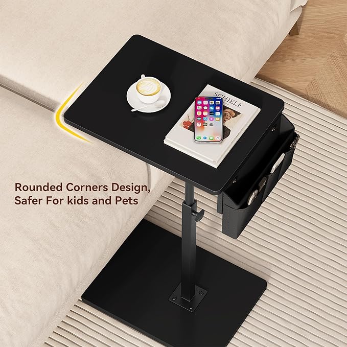 Vagusicc Sofa Armrest Tray Table for Couch, 360° Swivel Height Adjustable TV Tray Table for Small Spaces, Snack Side Table for Couch, Bed, Chair, C Shaped End Side Table for Eating, Reading, Laptop