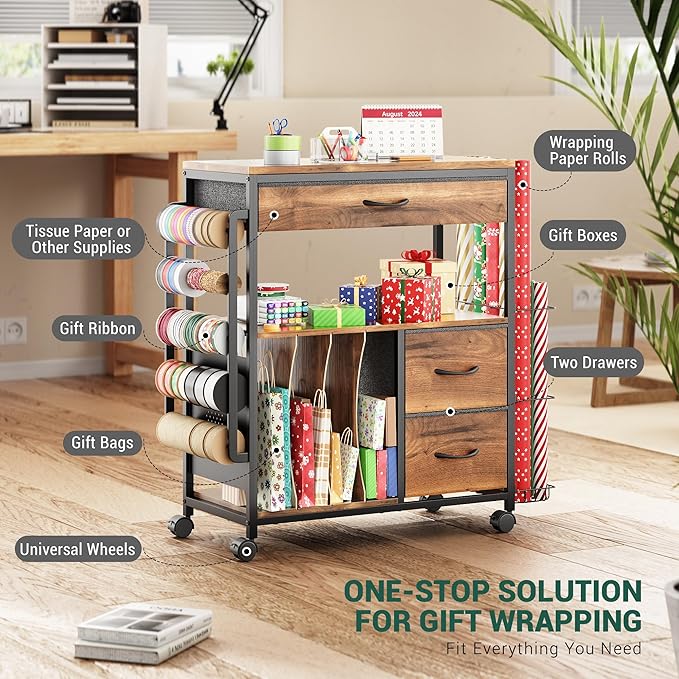 PUNLUXU Wrapping Paper Storage Cart, Rolling Gift Wrap Station with Ribbon and Gift Bag Storage, Wrapping Paper Organizer Holder, Craft Organizers and Storage for Christmas, Craft Storage Cart 004