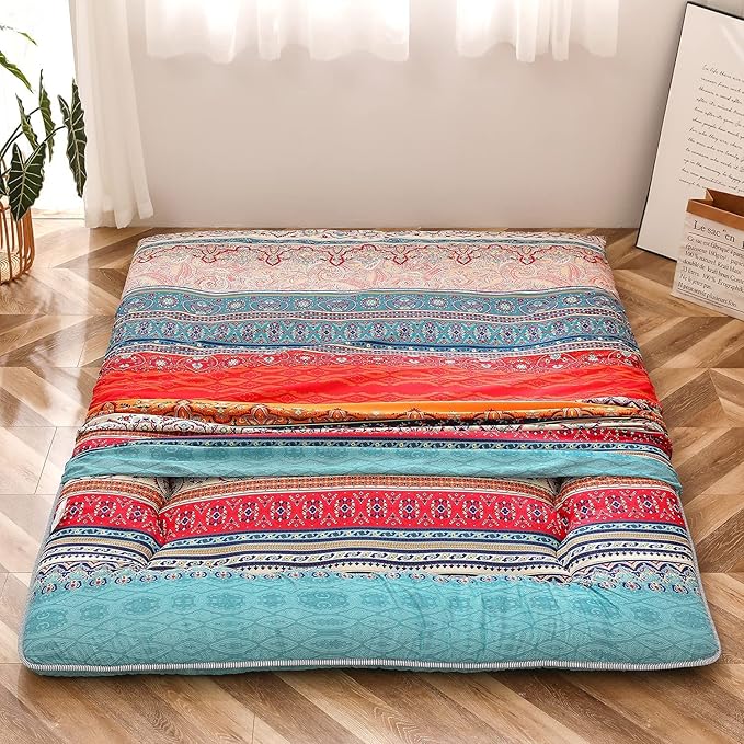 MAXYOYO Bohemian Retro Vintage Floral Japanese Futon Mattress Roll Up Tatami Floor Foldable Mat Portable Camping Mattress Sleeping Pad Floor Lounger Couch, King