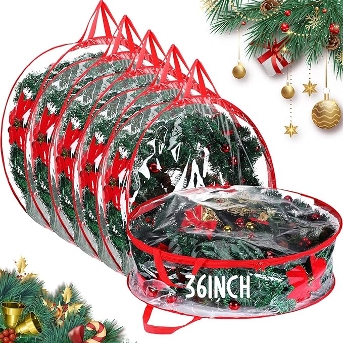 Shappy 6 Pcs 36 Inch Back to School Wreath Storage Container Clear Wreath Storage Bags PVC Waterproof Garland Bags with Clear Window Dual Zippers and Handles for Holiday Artificial Garland (Red)