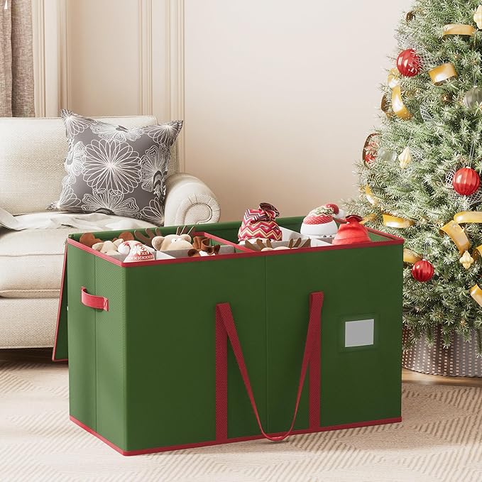 Christmas Figurine Storage Box for 15-Inch Figurines and Nutcrackers, Holiday Decor Organizer with Adjustable Dividers, 8 Slots and 2 Pockets, Dual Zippers, 600D Oxford, 24.8"x12.2"x15.2" ,Green
