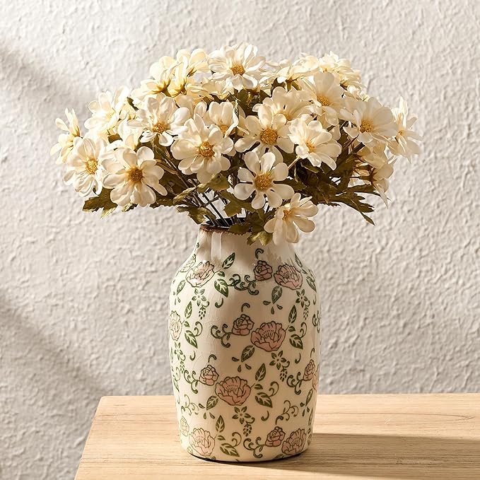 SIDUCAL Ceramic Vintage Vase, 7 Inch Retro Ice Cracked Chinoiserie Floral Vase, Rustic Farmhouse Vases for Home Decor, Bookshelf, Office, Garden, Chinoiserie Decor, Tuscan Decor, Red Rose Pattern