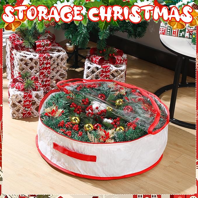 Aliceset 4 Pack Wreath Storage Containers, Ornament Garland Wreath Storage Bags with Handle Zipper Decorative Storages Box for Winter Valentine Wreaths(24 x 24 x 7.8 Inch,White)