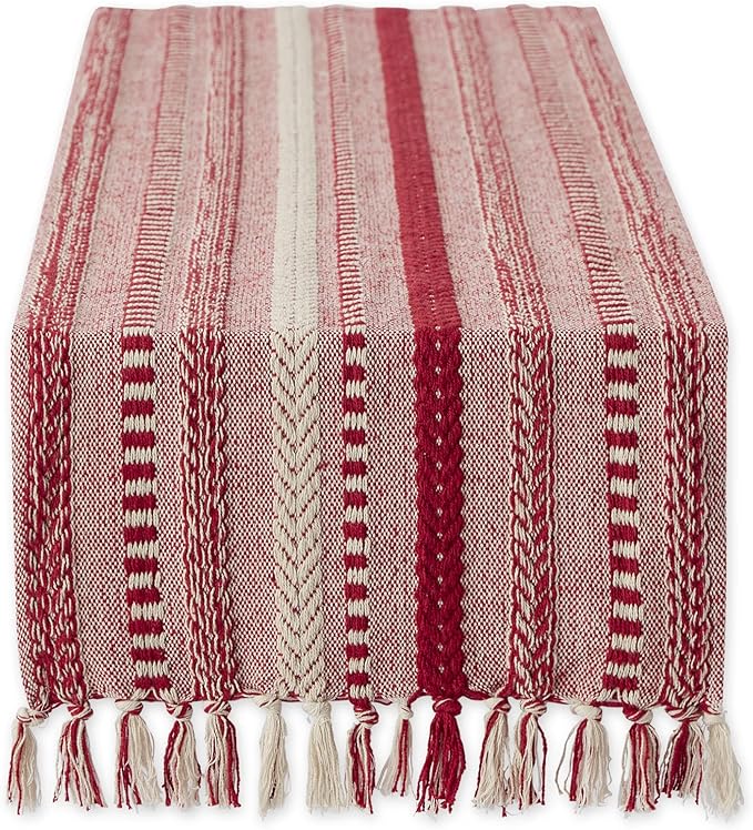 DII Farmhouse Braided Stripe Table Runner Collection, 15x72 (15x77, Fringe Included), Wine