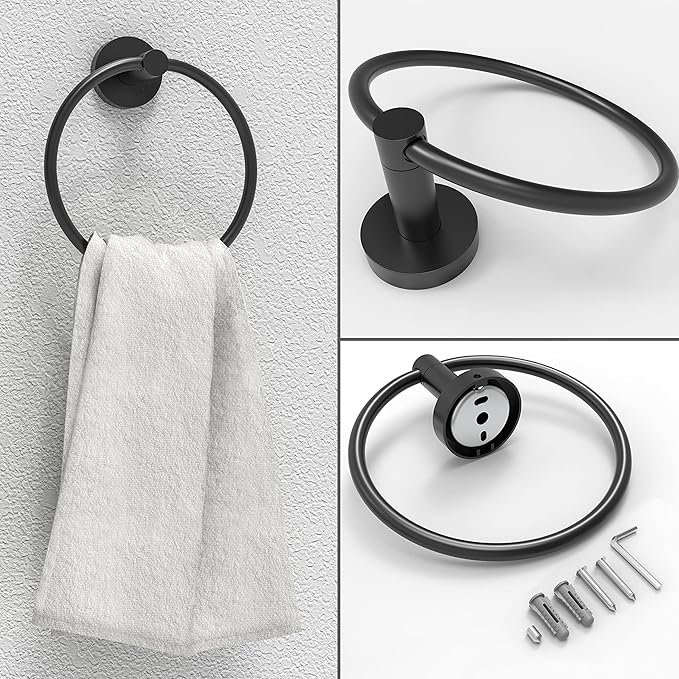 RARXTR Matte Black Toilet Paper Holder & Towel Ring SUS304 Stainless Steel 2pc Bathroom Hardware Set with Double Post Pivoting Toilet Paper Roll Holder Wall Mount & Bathroom Towel Holder Set
