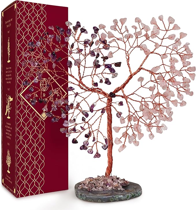 Handmade Healing Crystal Tree of Life Amethyst & Rose Quartz Chakra Tree for Money, Good Luck, Feng Shui Home Decor, Living Room Office Deocration, Unique Birthday Gifts for Women, Men, Mom