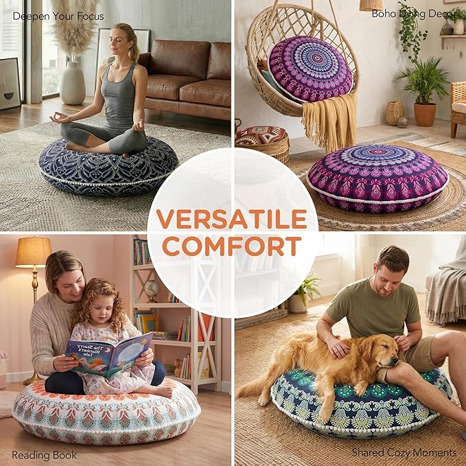 Codi Meditation Floor Pillow Set of 2, Round Large Pillows Seating for Adults, Bohemian Mandala Circle Cushion for Outdoor Fireplace Yoga Living Room, 32 Inch, Memory Foam Added, Purple Orchid NEW