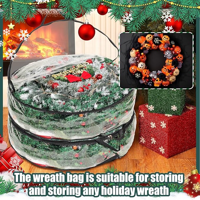 Shappy 6 Pcs 36 Inch Back to School Wreath Storage Container Clear Wreath Storage Bags PVC Waterproof Garland Bags with Clear Window Dual Zippers and Handles for Holiday Artificial Garland (Black)